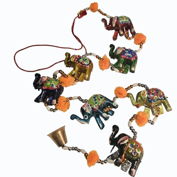 Elephant Wall Door Hanging 7 Trunk Up Paper Mache Elephants Beads PomPoms Bell - Picture 3 of 16
